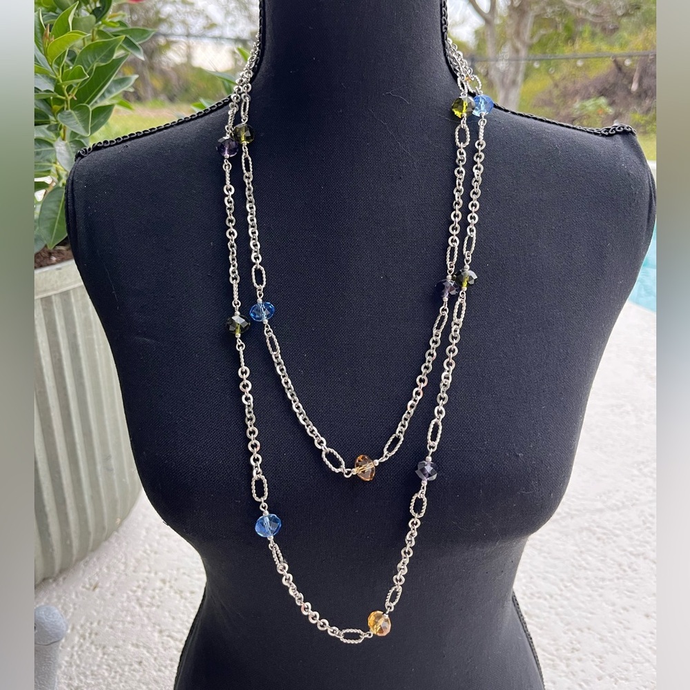 Premier Designs Long Silver and Multi Stone Necklace